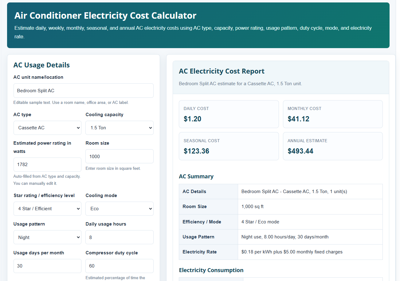 Air Conditioner Electricity Cost Calculator
