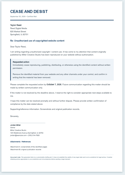 Cease and Desist Letter Generator