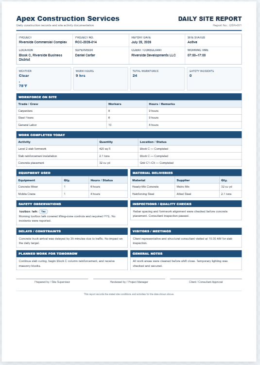 Daily Construction Site Report Template