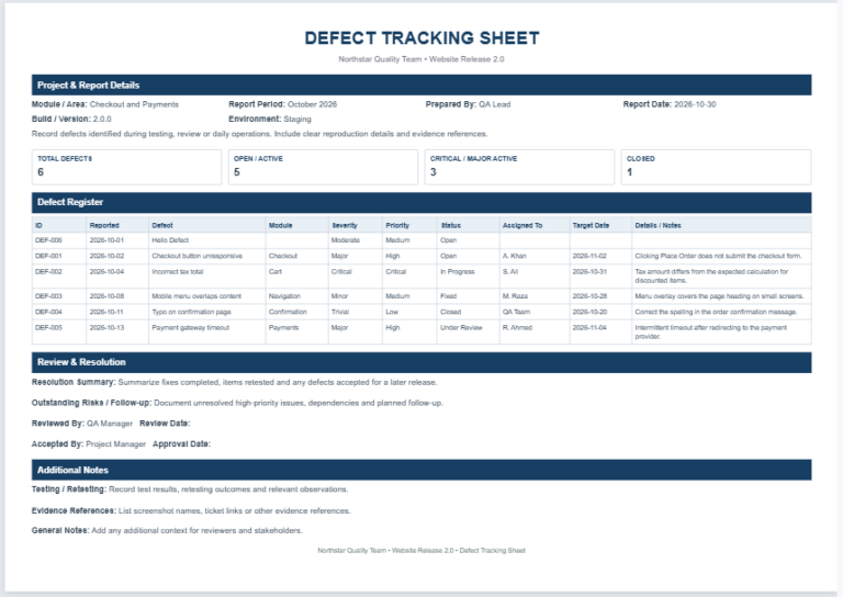 Defect Tracking Sheet Template