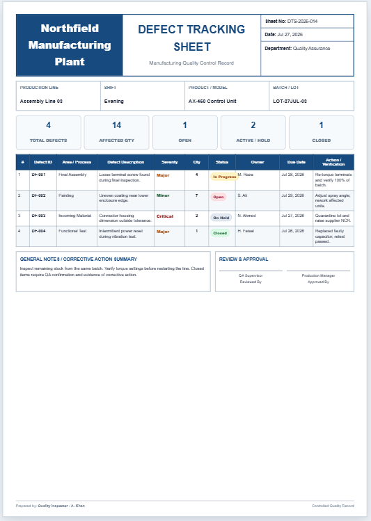 Defect Tracking Sheet Template