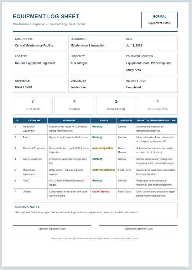 Equipment Log Sheet
