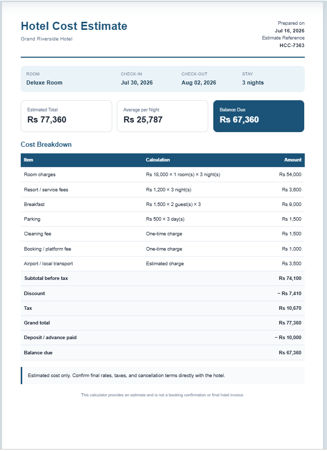 Hotel Cost Calculator Template