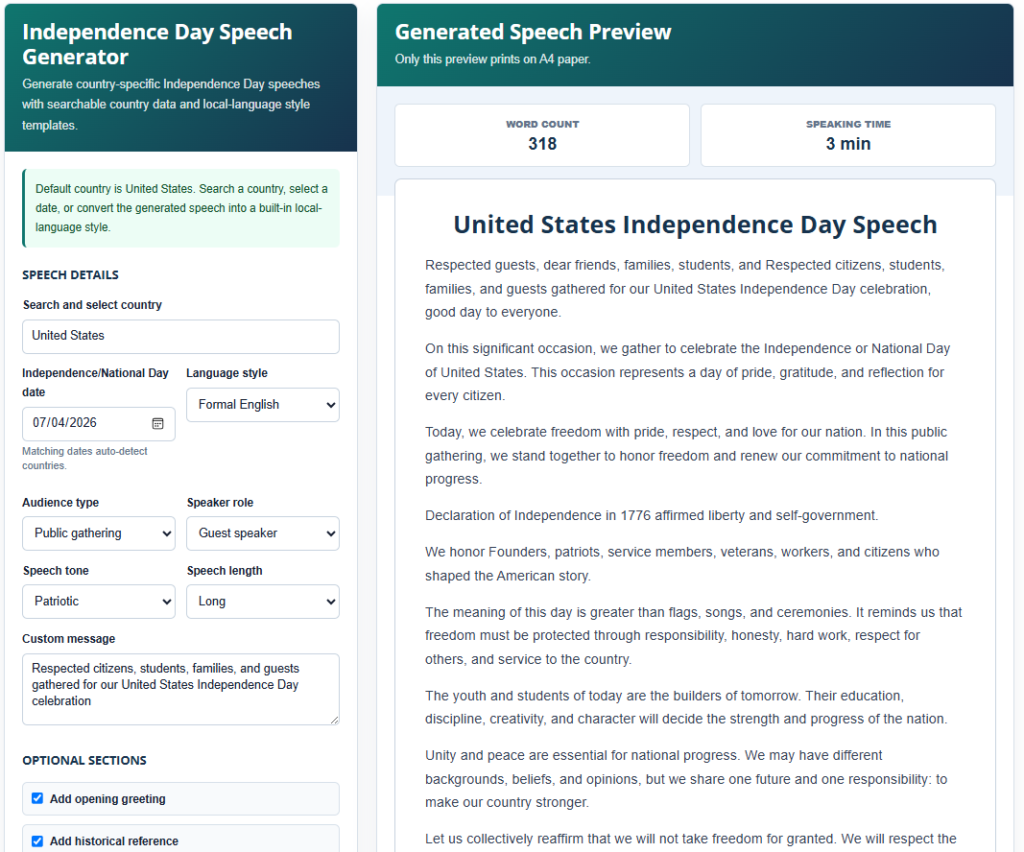 Independence Day Speech Generator