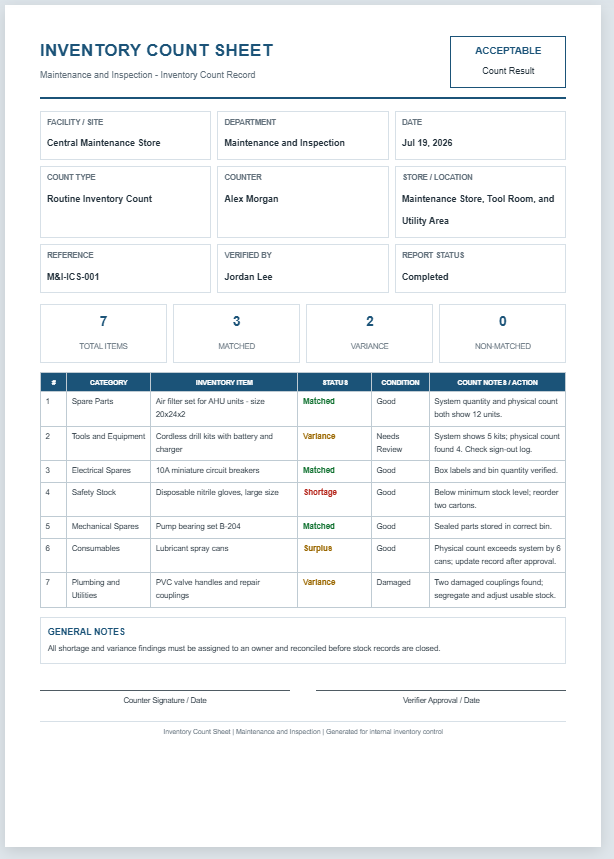 Inventory Count Sheet