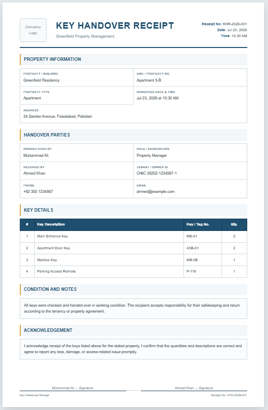 Key handover receipt template