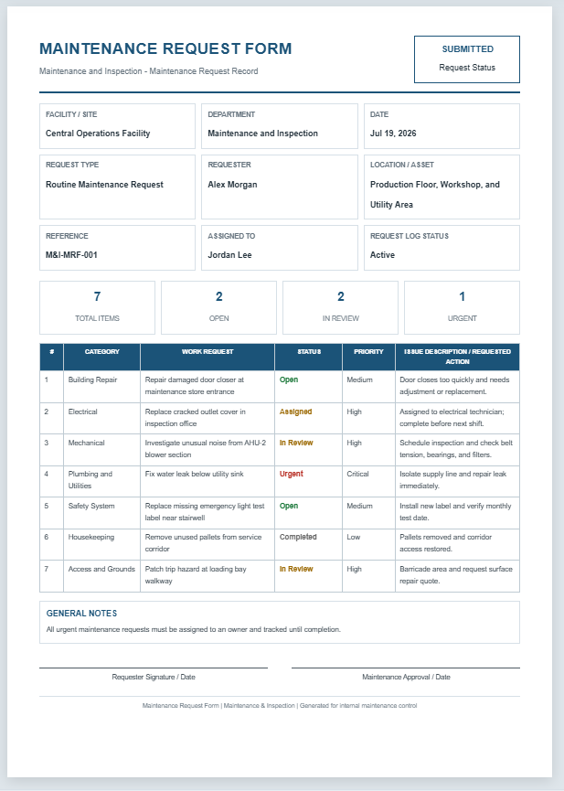 Maintenance Request Form Template