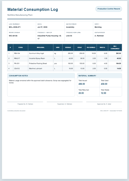 Material Consumption Log Template