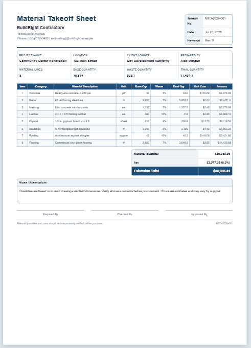 Material Takeoff Sheet