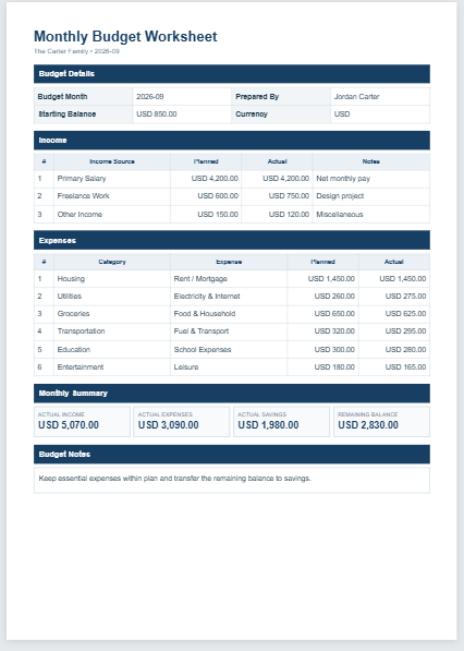 Monthly Budget Worksheet