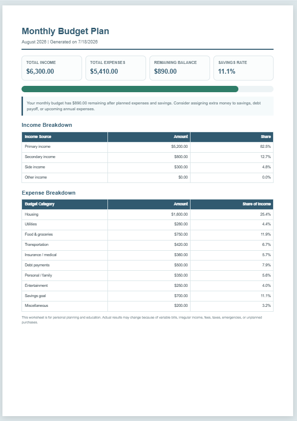 Monthly Budget Worksheet