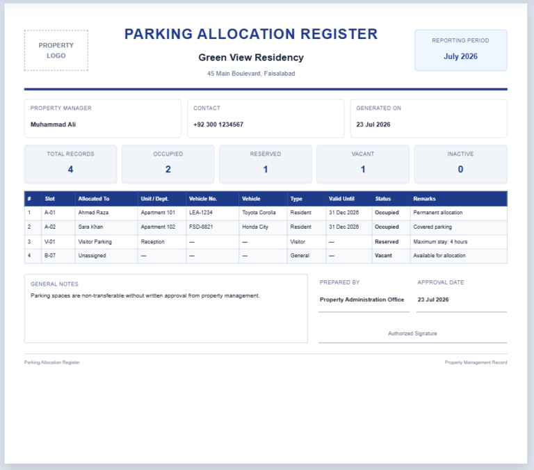 Parking Allocation Register Template
