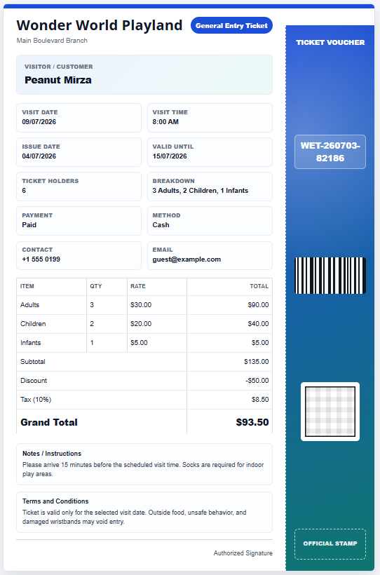 Playland & Amusement Park Ticket Generator