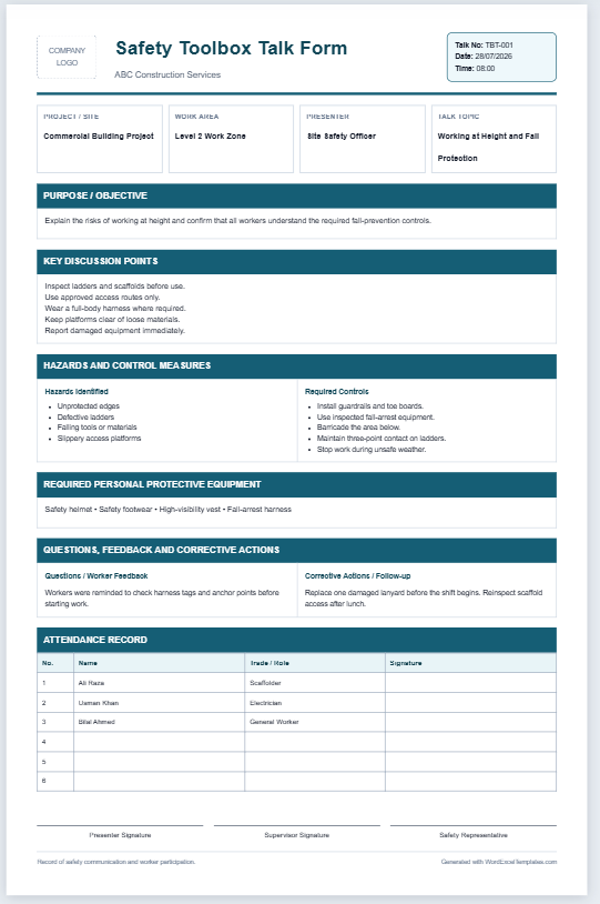 Safety Toolbox Talk Form Template