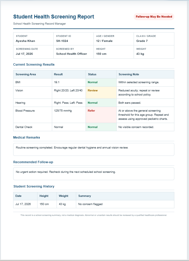 School Health Screening Record Manager