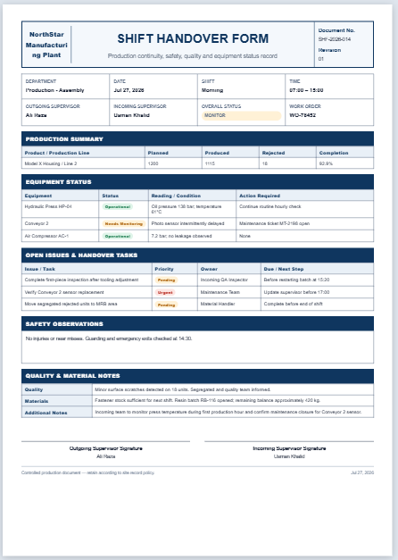 Shift Handover Form Template
