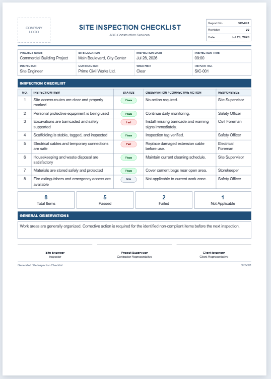 Site Inspection Checklist Template