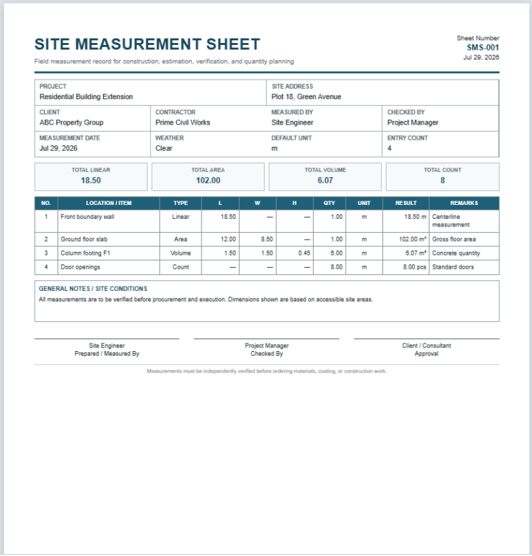 Site Measurement Sheet Template