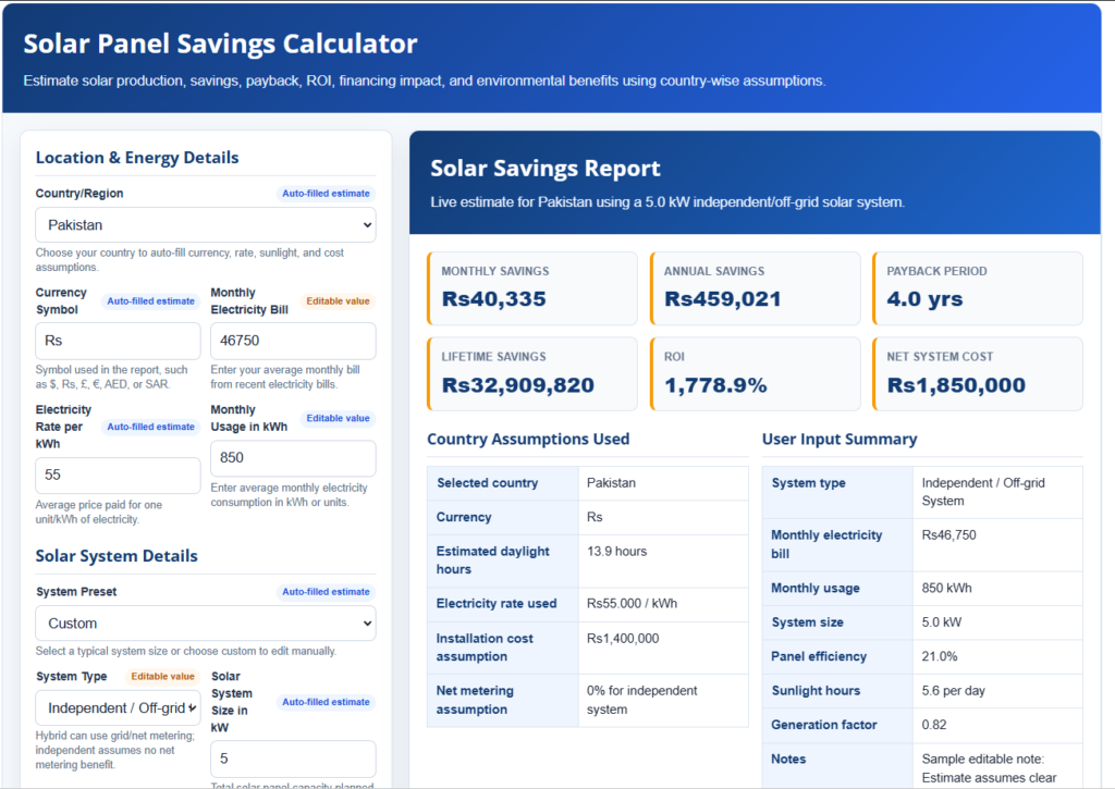 Solar Panel Savings Calculator