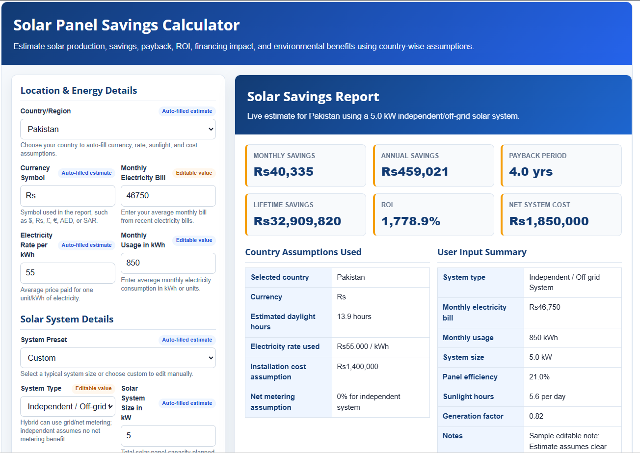 Solar Panel Savings Calculator