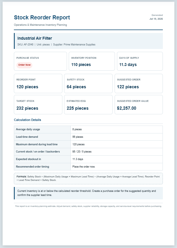 Stock Reorder Calculator