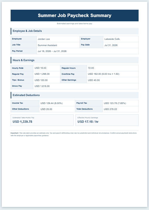 Summer Job Paycheck Calculator