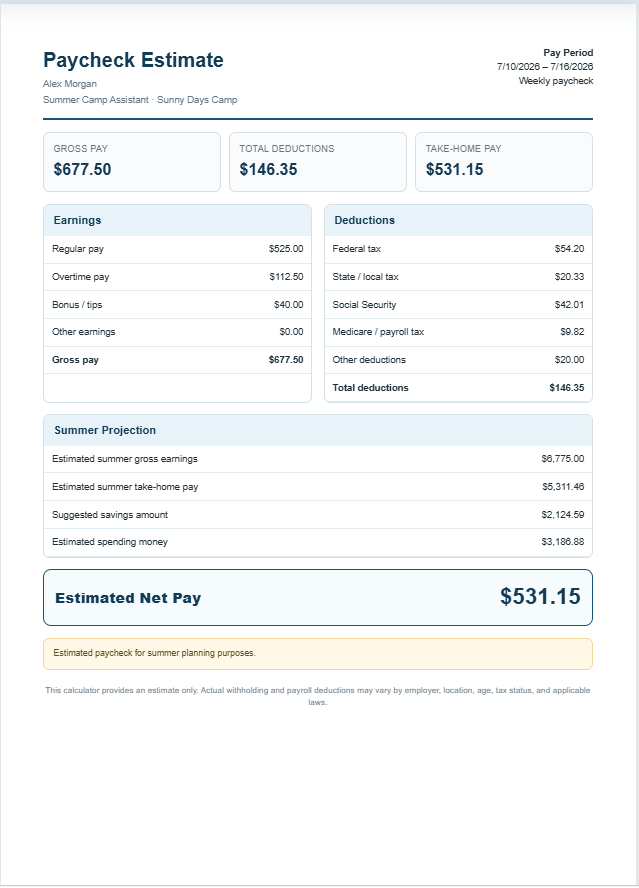 Summer Job Paycheck Calculator