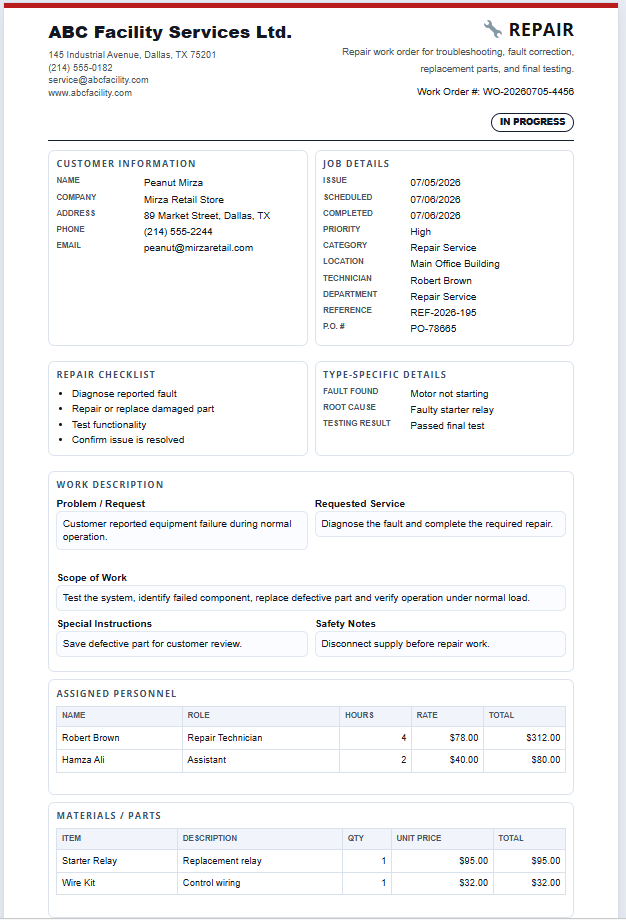 Universal Work Order Template