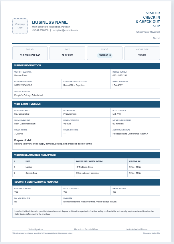 Visitor Check-in & Check-out Slip Generator