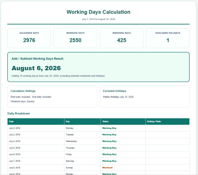 Working Days Calculator