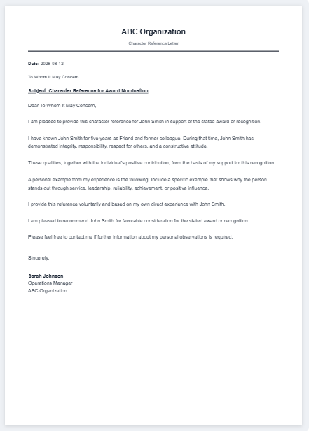 Character Reference Letter Template