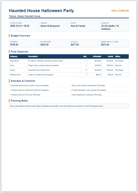 Halloween Party Planner & Budget Calculator