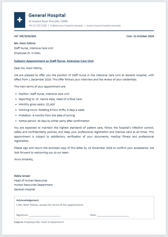 Hospital HR Letter Template