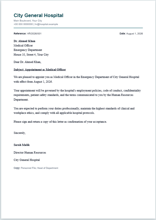 Hospital HR Letter Template