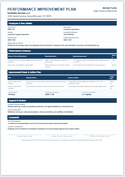Performance Improvement Plan Sheet