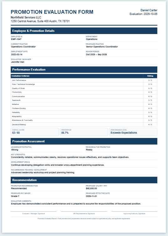 Promotion Evaluation Form Template